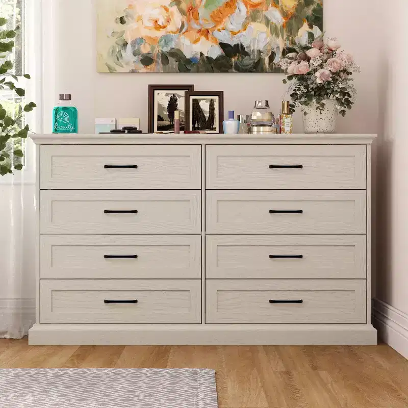 Famapy Vintage 8-Drawer Dresser Vanity with Black Metal Handles,Large-Capacity Drawer Chest Storage Cabinet for Bedroom/Living Room Organization