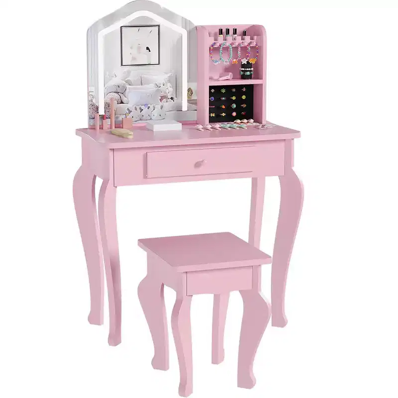 Kids Vanity with Lighted Mirror, Little Girl Vanity and Stool, Toddler Makeup Table Set and Makeup Playset for 3-8 Girls