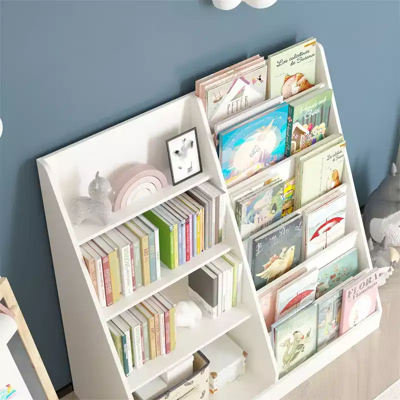 4 Tier Kids Wooden Bookshelf, 6 Layer Sling Bookcase, Baby Storage Book Rack, Book Display Shelf, Book Toy Organizer Cabinet For Nursery Playroom