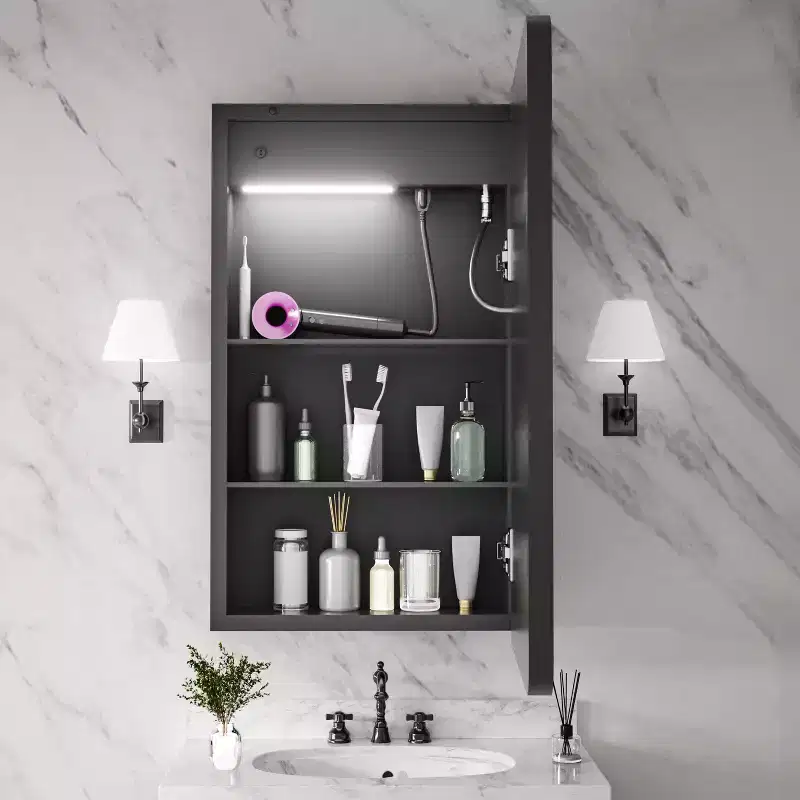 Rectangular Iron Medicine Cabinet with Mirror, Dimmable LED Light, Anti-Fog and Outlets - Fully Assembled