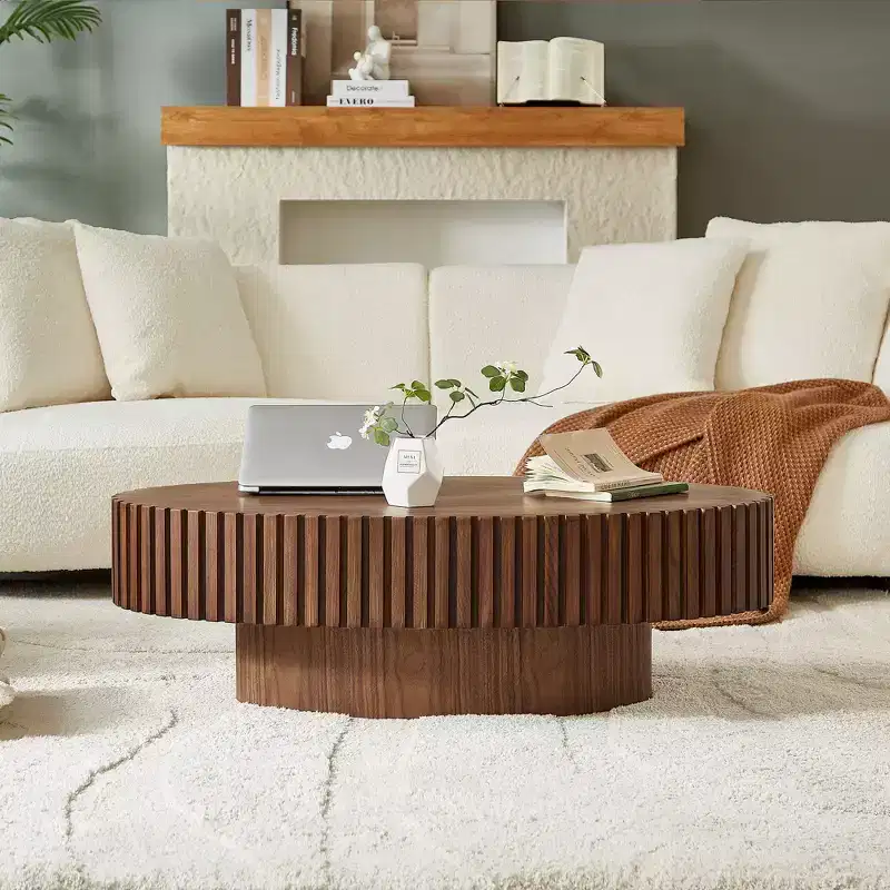 JVNOXK Modern Handcraft Drum Coffee Table Length 43.7 inch Ellipse Coffee Table for Living Room,Oval Small Coffee Table with Sturdy Pedestal