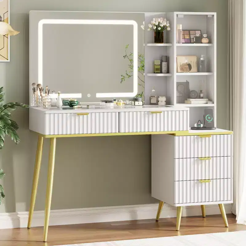 48 Makeup Vanity with Glass Top, Modern Big Vanity Desk with 3 Lighting Modes Mirror & 5 Drawers