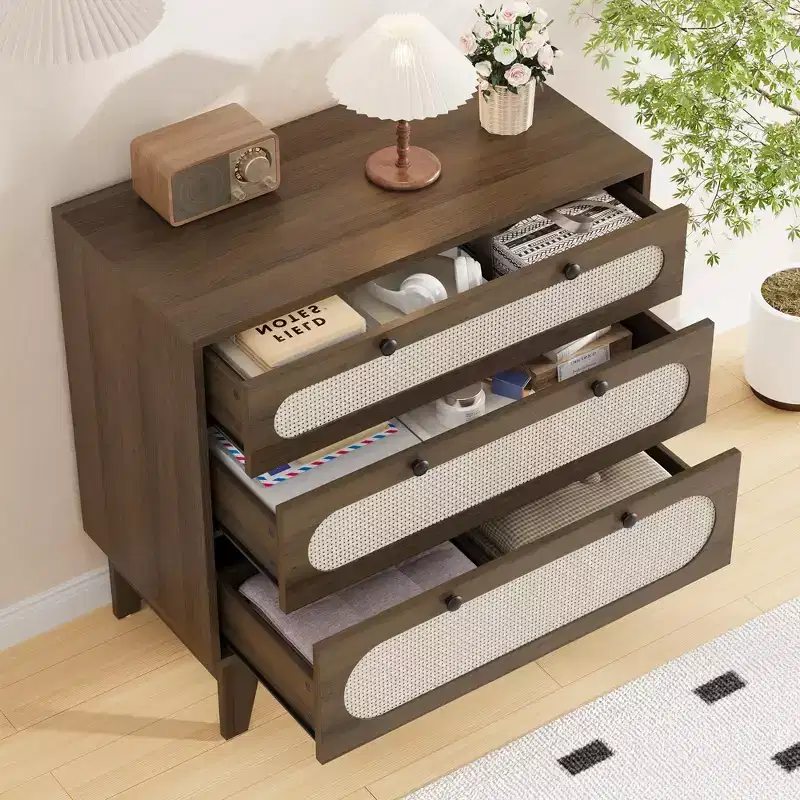 Rattan 3-Drawer Dresser - Modern Wood Storage Cabinet with Anti-Tip Kit for Bedroom, Closet, Living Room