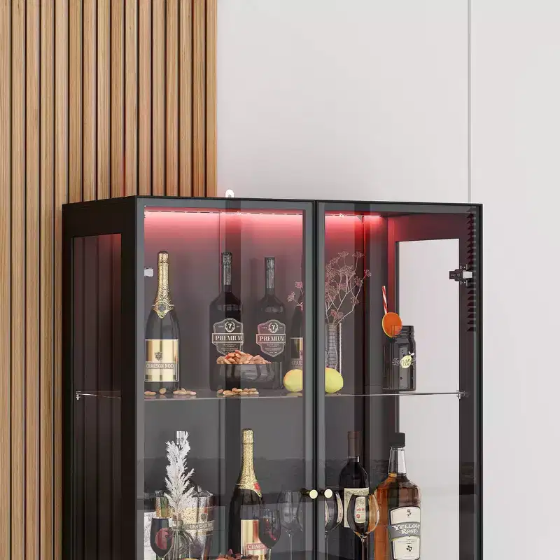 Famapy Modern Kitchen & Dining Wine Rack with Glass Doors,Wine Cabinet with 7 - Color LED Lighting,Freestanding Storage for Liquor and Glassware