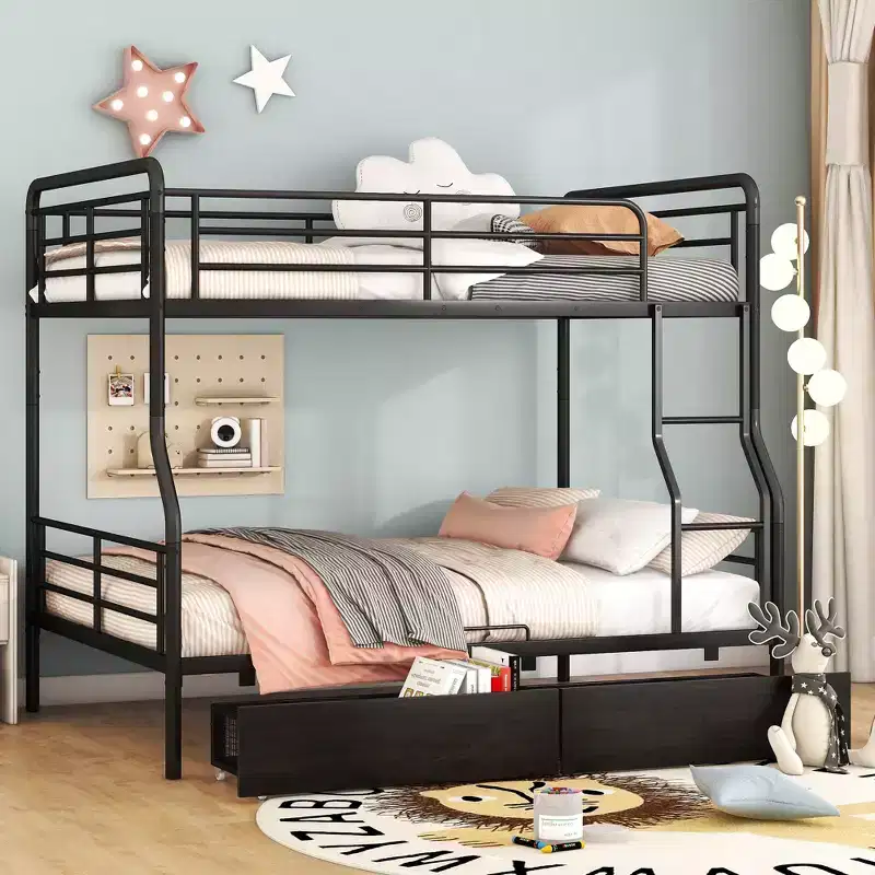 Full XL over Queen Metal Bunk Beds with 2 Drawers, Heavy Duty Bunk Bed Frame for Kids Teens Adults