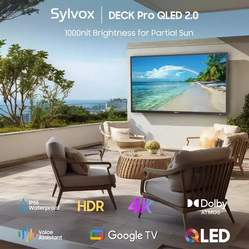 SYLVOX QLED Outdoor TV, 43'' 4K 1000nits Smart Weathrtproof TV, Google TV with Dolby Atmos, IP55 Waterproof for Partial Sun Area(Deck Pro QLED 2.0)