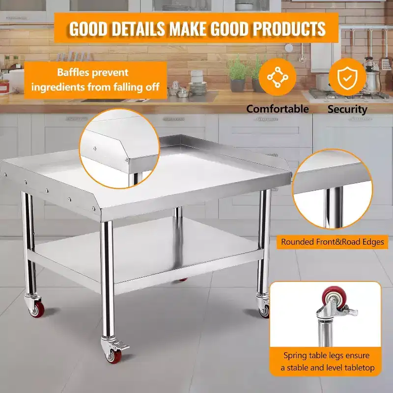 36x28x24 Stainless Steel Equipment Grill Stand Table,1000 lbs Top Shelf,220 lbs Bottom Shelf,Adjustable Legs,2 Edge Baffle