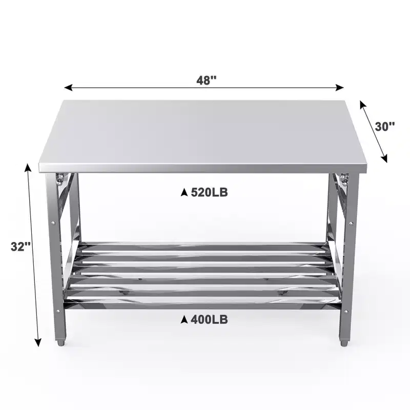 Stainless Steel Table 48x30, Heavy Duty Metal Commercial Prep Table with Open Storage Racks for Restaurant Kitchens, Home Hotels, and Food Prep