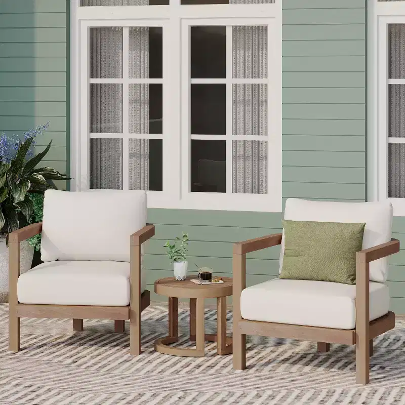 Christopher Knight Home Pelon Outdoor Acacia Wood 3 Piece Chat Set with Cushions, Beige and Brown Wash