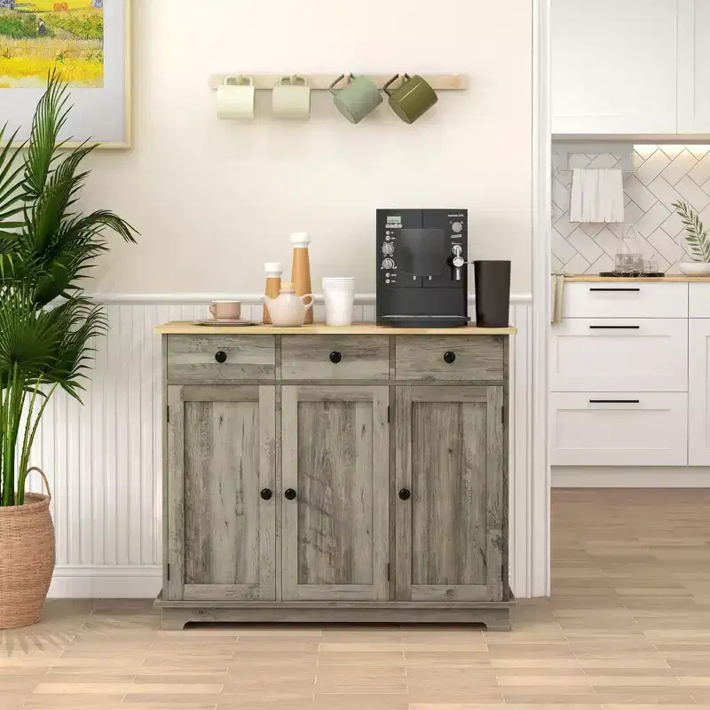 Sideboard Cabinet with Solid Wood Countertop, Adjustable Shelf & 3 Drawers, Bar Cabinet for Entryway, Living Room, Kitchen, Gray