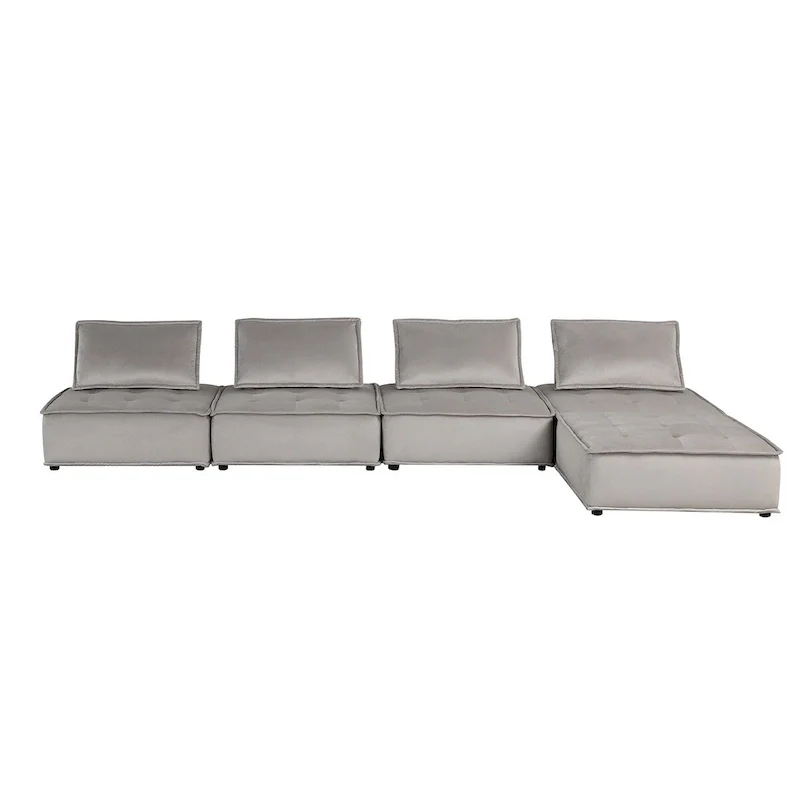 Velvet Modular Sectional Sofa with Ottoman, 5-Seat (Light Gray / Black)