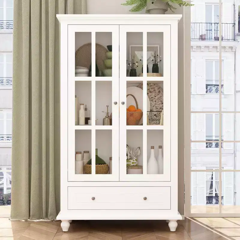 White Glass-Door Kitchen Pantry Cabinet Open Shelf + Drawer Storage