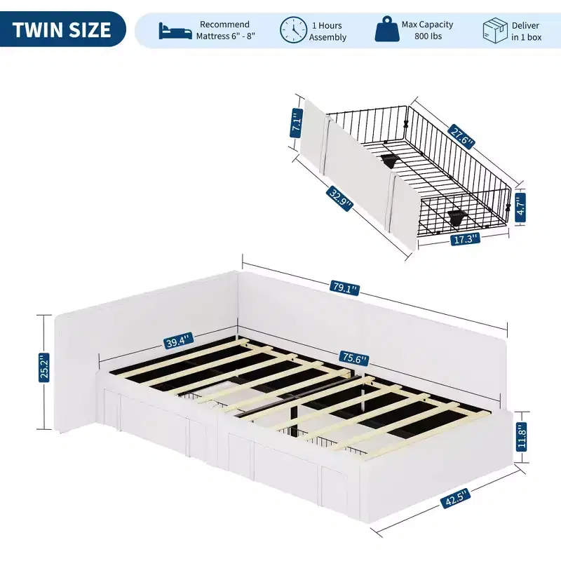 Twin Daybed with Storage Drawers, Velvet Upholstered Corner Bed Frame with Headboard, Modern Kids Bed with Bed Rails for Living Room, Easy Assembly