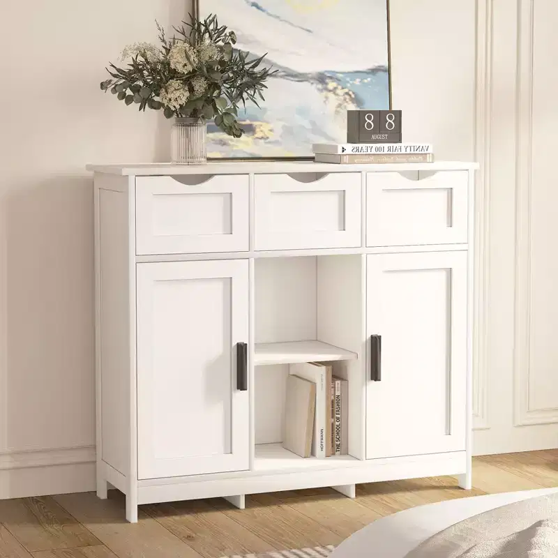 Okak Versatile Bathroom Storage Cabinet,Bedroom & Living Room, Floor Cabinet with 3 Drawers, 2 Cubbies & 3 Doors, Accent Cabinet