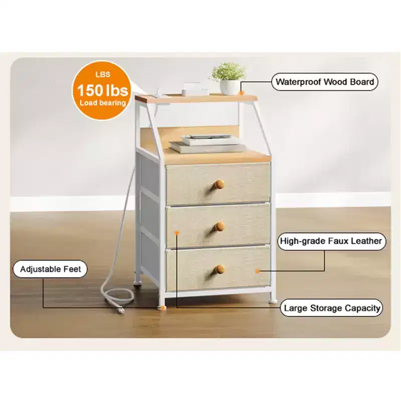 2-Shelf 3-Drawer Modern Nightstand End Table with Charging Station, Taupe