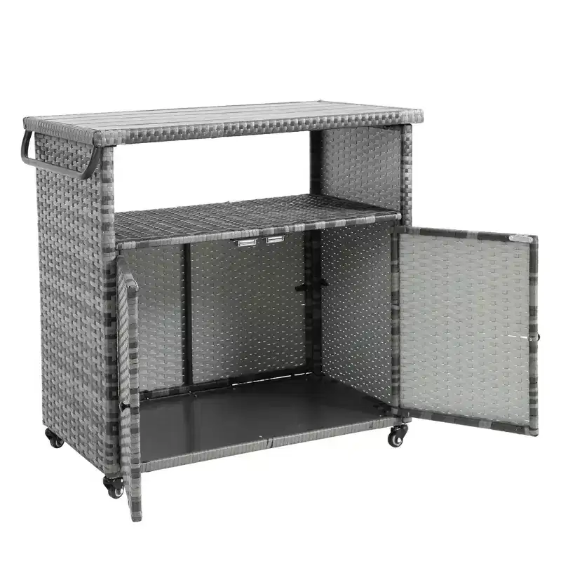 Outdoor Wicker Bar Serving Cart with Glass Top - Gray, 35.2
