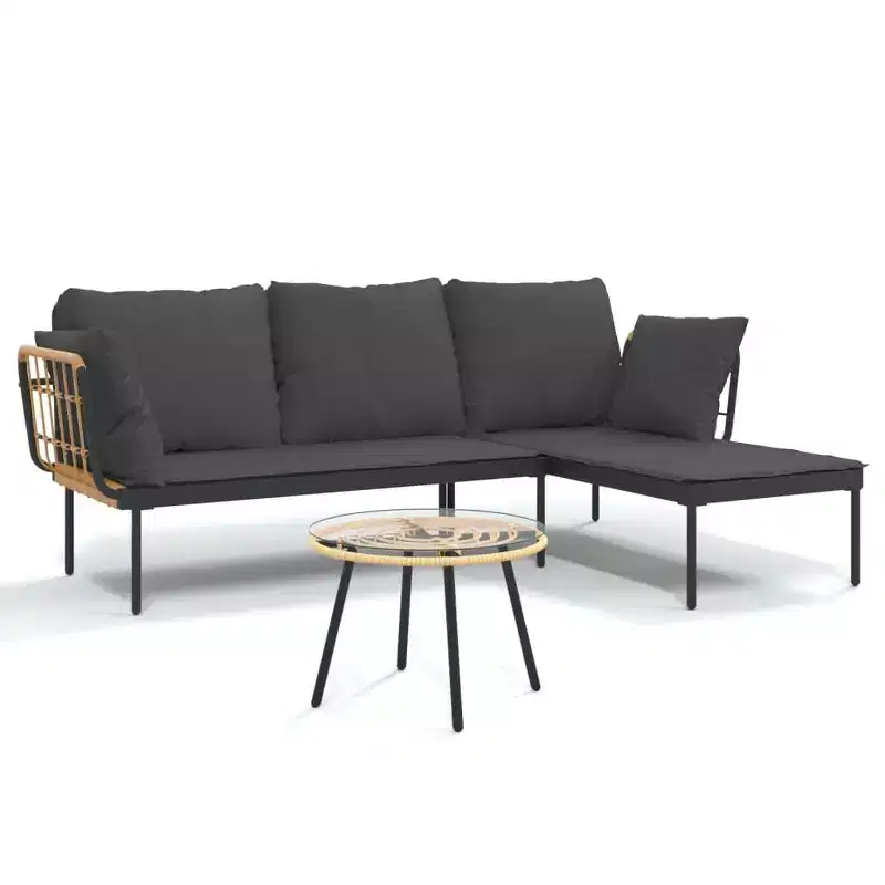 vidaXL Patio Lounge Set with Cushions Table and Sofas 3 Piece Poly Rattan