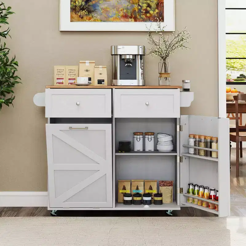 Costway Rolling Kitchen Island Kitchen Island Cart with Drop Leaf Trash Can Cabinet Black/White