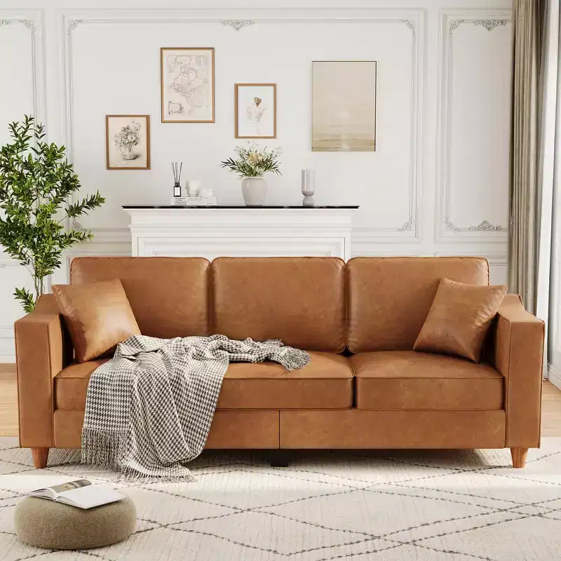Modern 85 3-Seater Sofa in Faux Leather - Deep Seated Couches with Wide Armrests for Living Room Office