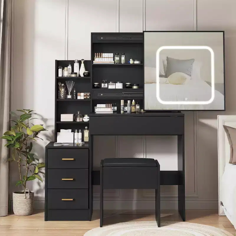 Vanity Desk with Lights, Makeup Vanity Desk with Sliding Lighted Mirror, Dressing Table with Drawers
