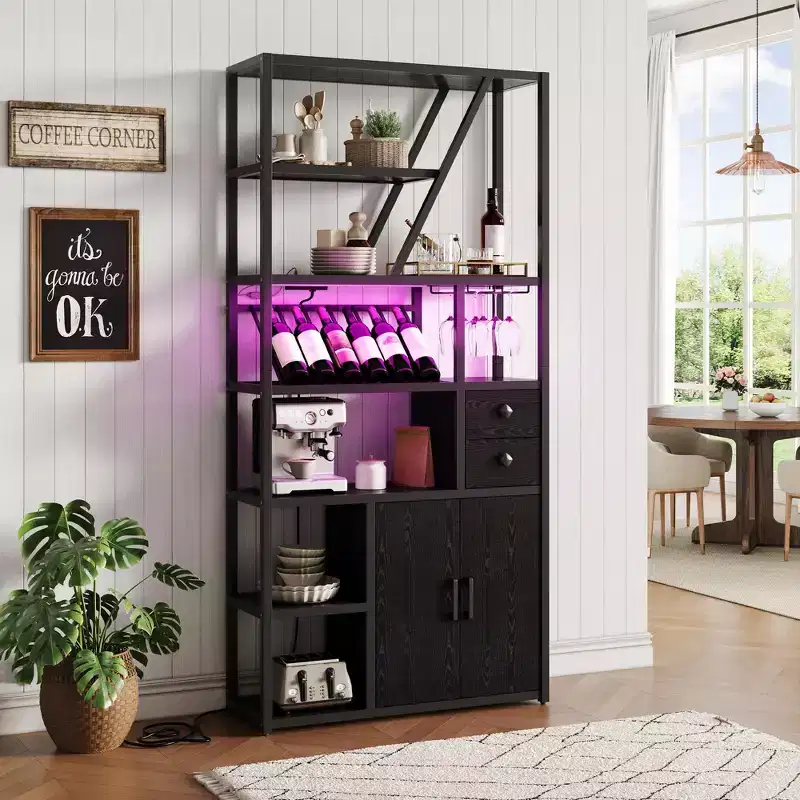 71 in Tall Wine Bar Cabinet with LED Light, Industrial Wine Rack with Glass Holder and Storage Cabinets, 42x15x71 in