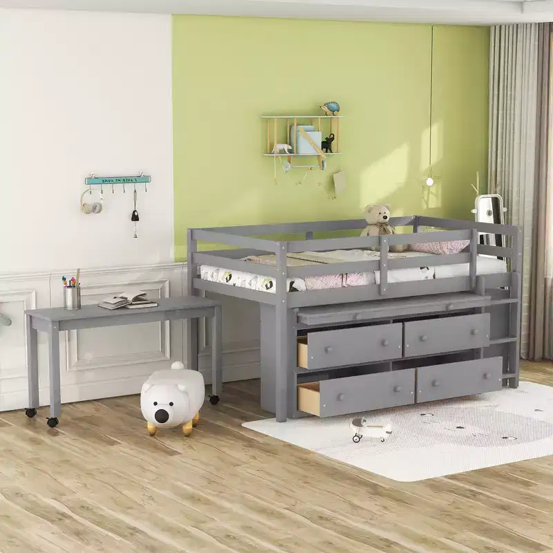 Twin/Full Size Loft Bed with Retractable Writing Desk and 4 Drawers, Wooden Low Loft Bed Frame with Shelves - ModernLuxe