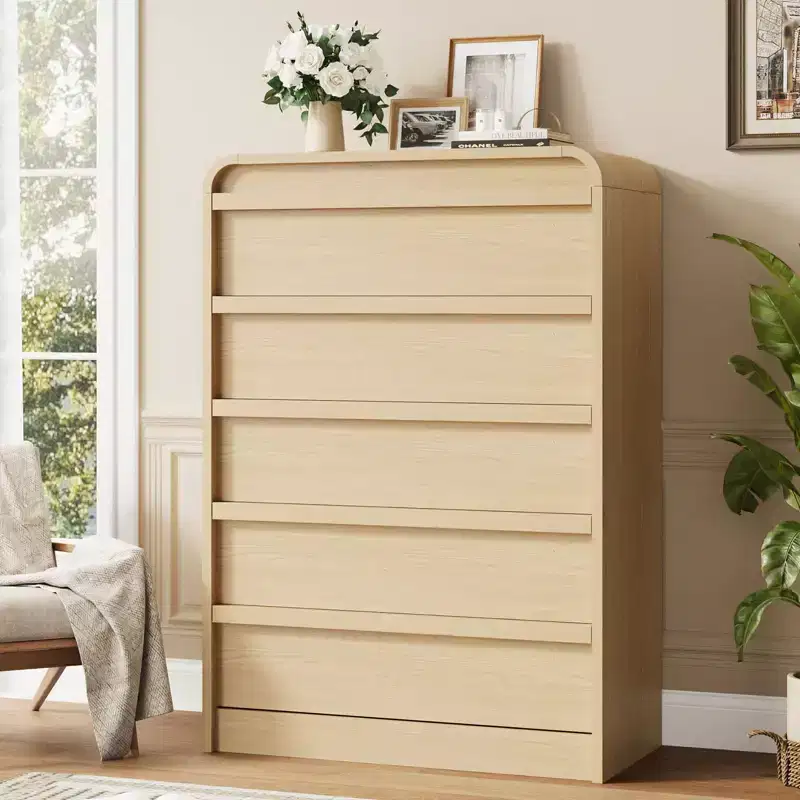 5-Drawer Wooden Dresser with Curved Design – Storage Organizer