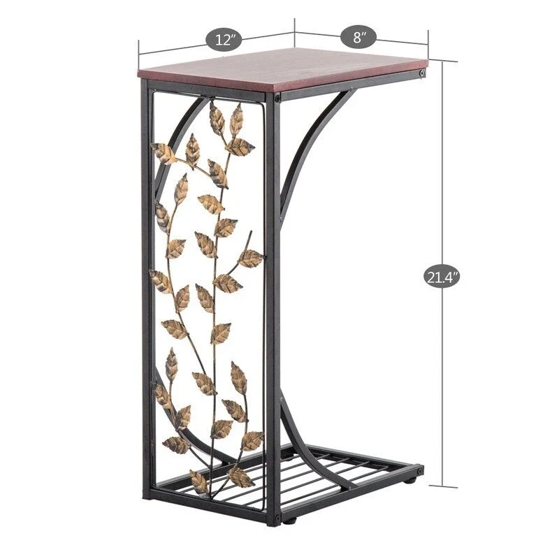 C-Shape Side Table with Leaf Pattern Iron Frame and Wood Top, Brown and Gold, 12L x 8.27W x 21.26H in