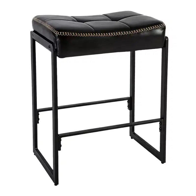 Saddle Bar Stool, 26-Inch Counter Height with Curved Waxy Leather Seat, Mid-Century Modern Design for Kitchen Island, Dining Room, or Cafe, Black