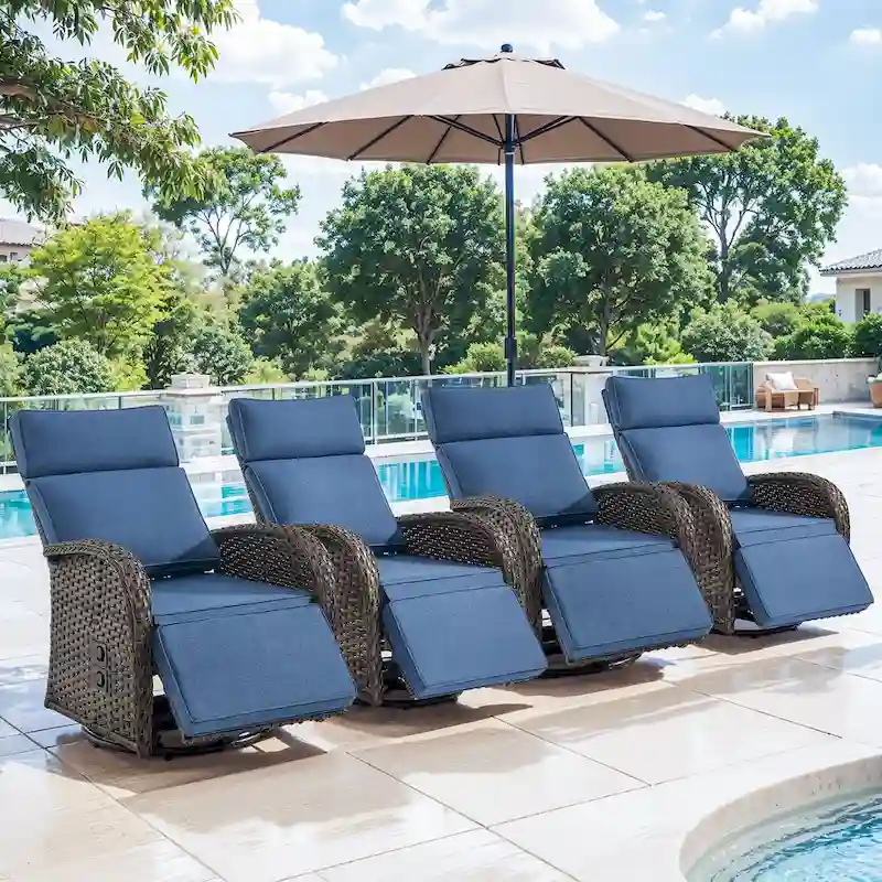 Pocassy 4PCS Versatile Outdoor Recliner Chair with Blue Cushion