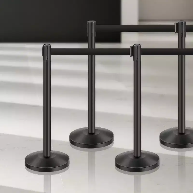 6-Pack Black Carbon Steel Stanchion Posts with Retractable Belts & Sand-Fill Base