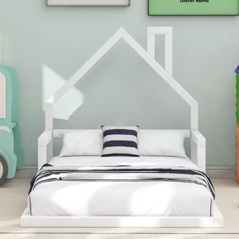 Okak Twin Size Bed Frame with Storage Headboard, Twin Size Wood Floor Bed with House-shaped Headboard for Bedroom, White