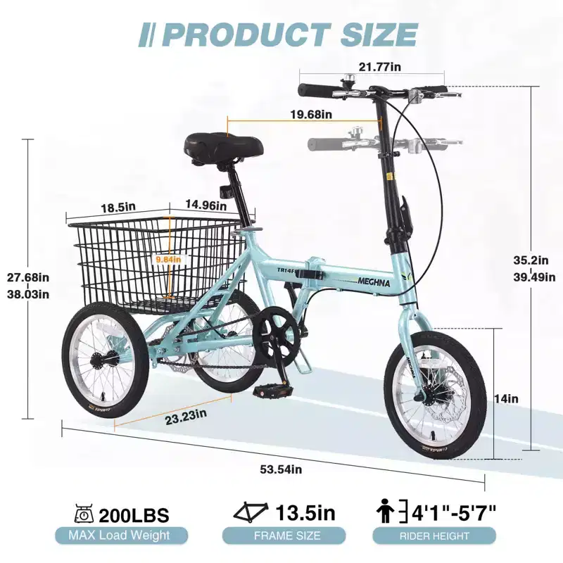 NAYSAYE Adult Folding 3-Wheel Tricycle with Basket, Collapsible Steel Frame and Large Load Capacity, Light Blue, 53.54*23.23*39.49