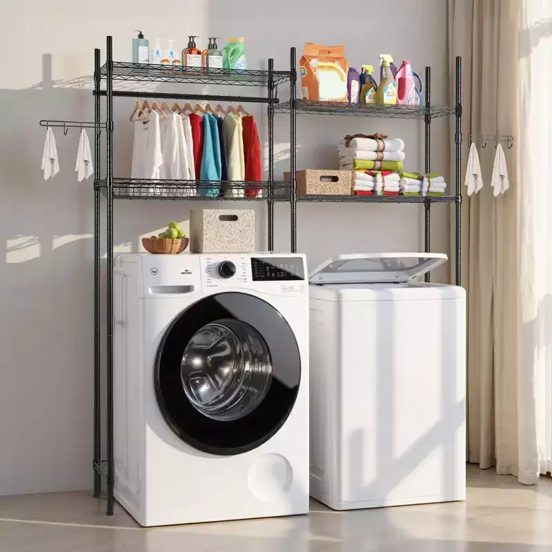 Over Washer and Dryer Storage Shelves, 4 Tiers Laundry Room Drying Rack with Hanger Rod and Hooks, Two Rows Washer Shelves Space Saver, Black