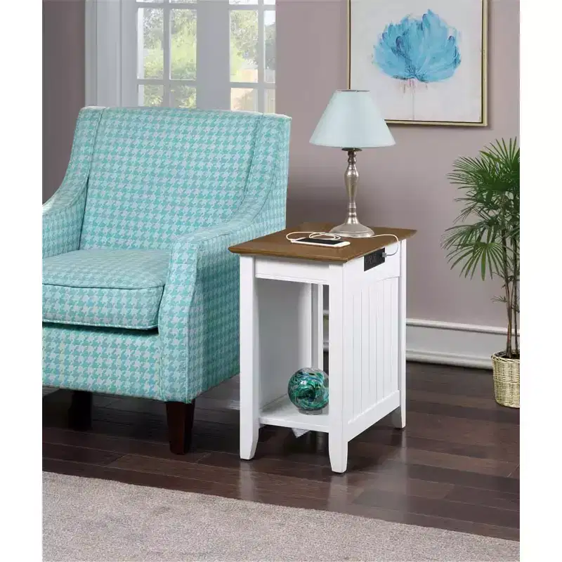 HomeStock Belmont End Table with Exposed Power Strip and USB Ports, Stylish Side Table with Storage Shelf for Living Room or Bedroom Decor