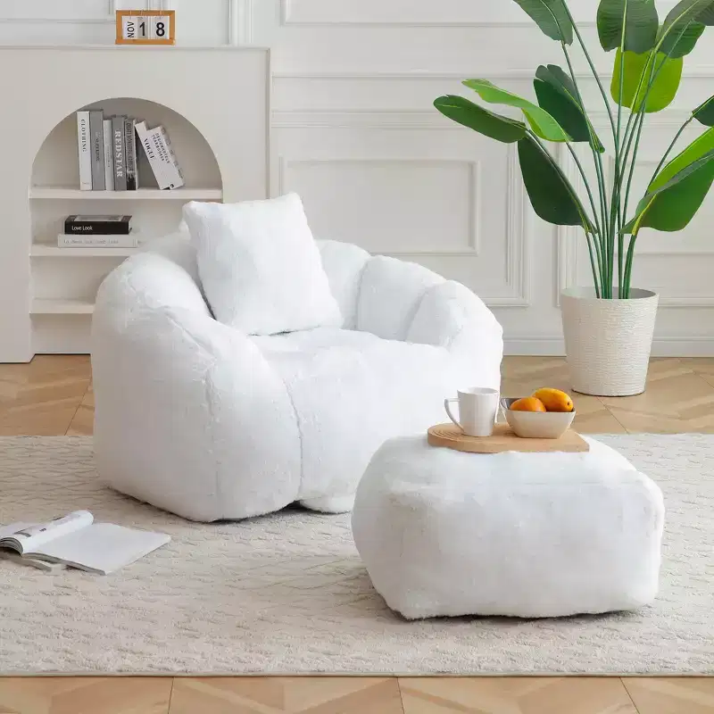 Faux Fur Shell-Shaped Bean Bag Chair with Footstool | Khaki / Light Blue / Pink / White / Yellow | Seats 1