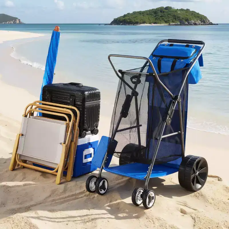 VEVOR Beach Cart with Large Wheels for Sand, 165 lbs Load Capacity, Heavy Duty Folding Beach Wagon with 10 Solid Wheels, Blue+Gray
