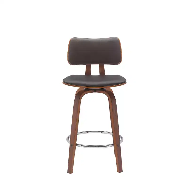 HomeRoots 26 Brown And Wood Brown Faux Leather Swivel Low Back Counter Height Bar Chair