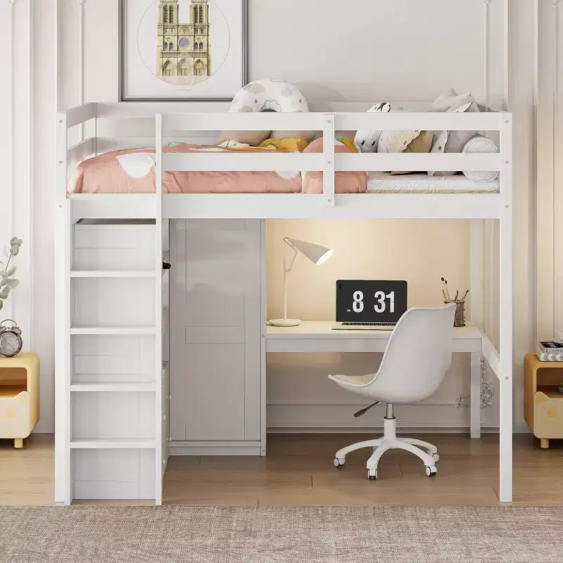 Clihome Wood Full Size Loft Bed with Built-in Wardrobe, Desk, Storage Shelves and Drawers