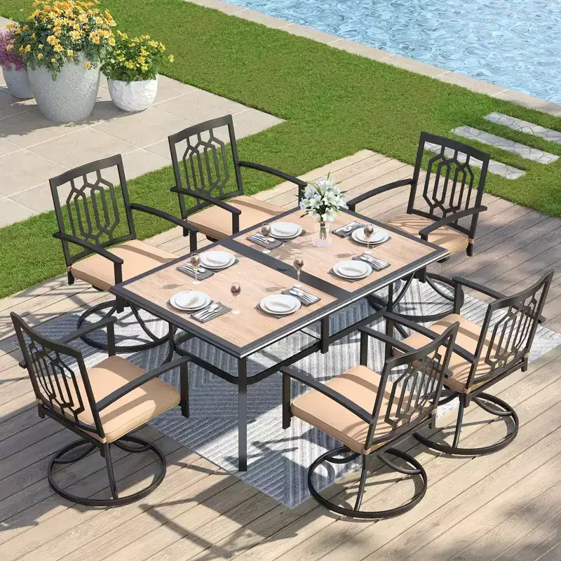 7pc Patio Dining Set with Rectangular Faux Wood Table with Umbrella Hole & Swivel Chairs - Captiva Designs