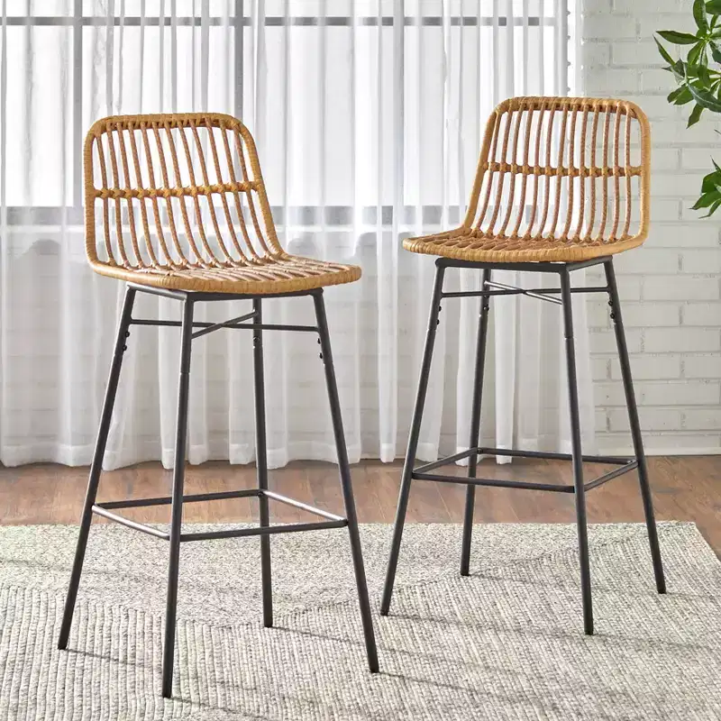 Lifestorey Set of 2 Greenville Faux Rattan 30" Bar Height Barstools Natural: Mid-century Modern, Rattan, Black Metal Base