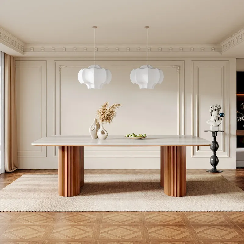78.7 Rectangle Dining Table, Luxury Sintered Stone Kitchen Table with Solid Wood Legs