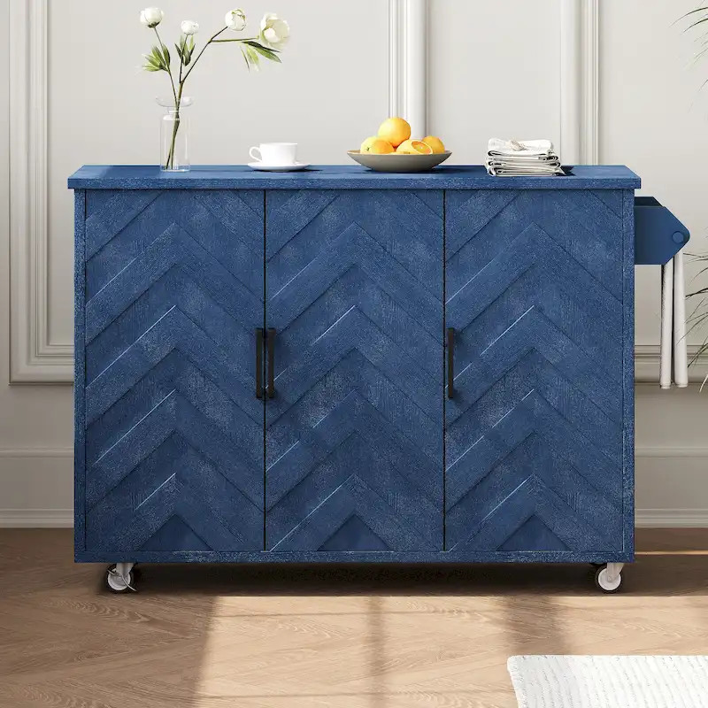 51.2W Kitchen Island with Drop Leaf, Farmhouse Kitchen Island on Wheels with Internal Storage Rack Rolling Kitchen Cart