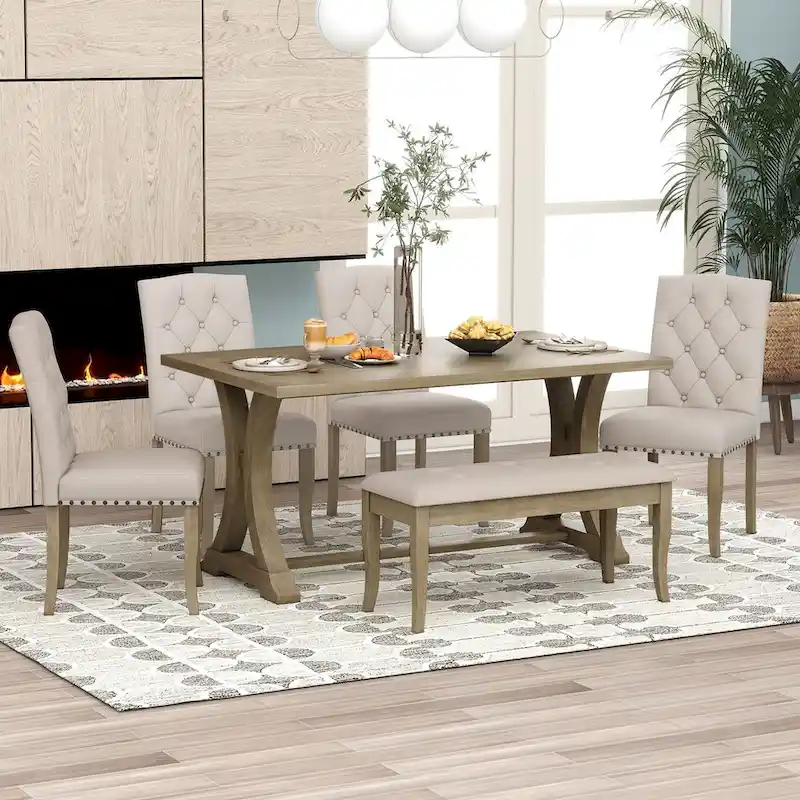 6-Piece Farmhouse Dining Table Set, Rectangular Trestle Table and 4 Upholstered Chairs & Bench