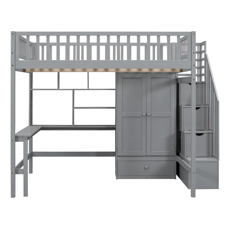 Full Loft Beds Stairway Loft Bed Frame with Wardrobe, Desk, Bookshelf and Drawers