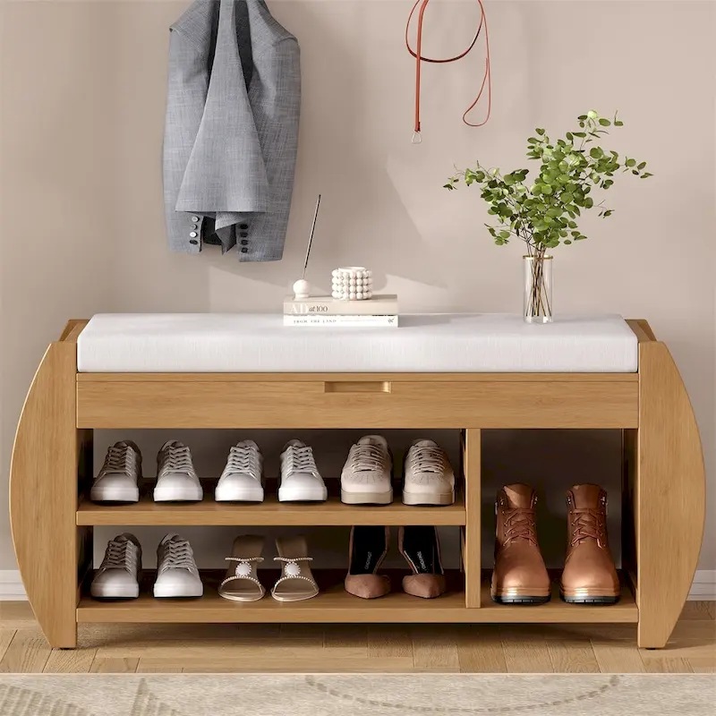 Curved Storage Bench with Cushion & Shoe Rack, 5 Colors, 1-Person