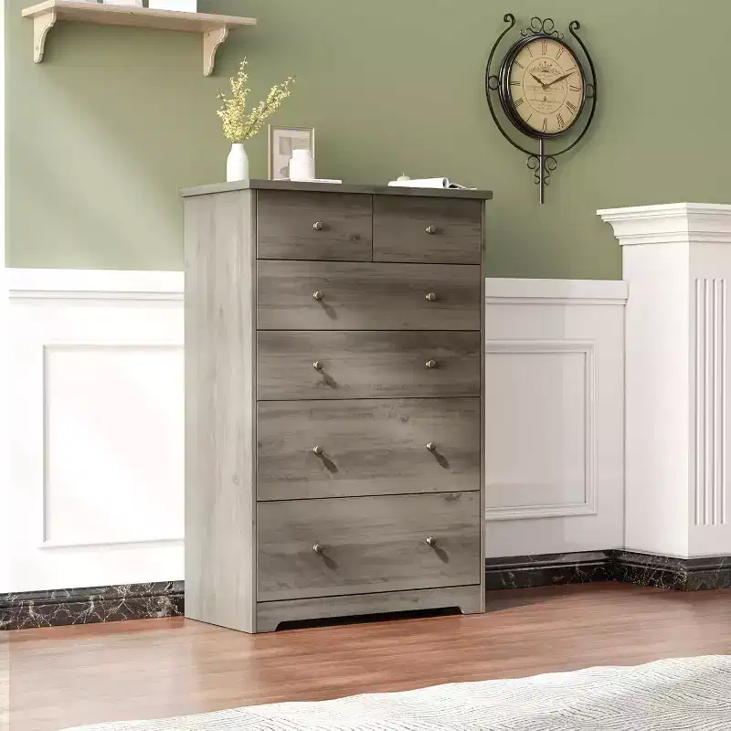 Tall Dresser Chest of Drawers, Grey Dresser 6 Drawer Chest, Wood Gray Dressers for Bedroom