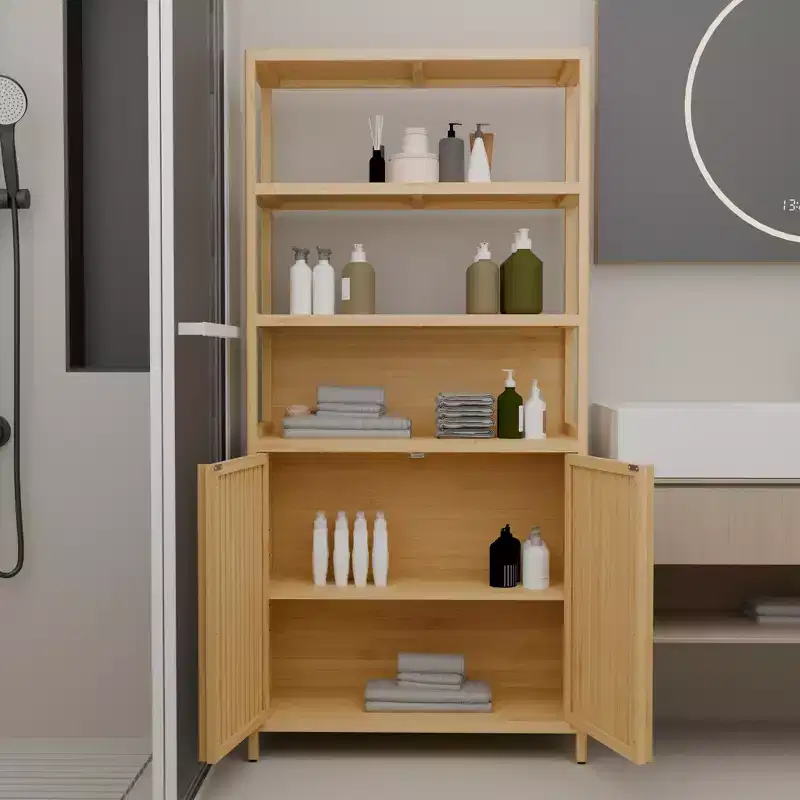 GDFStudio Theresa Modern 64.7 Bamboo Tall Storage Cabinet with 4 Shelves and 2 Doors