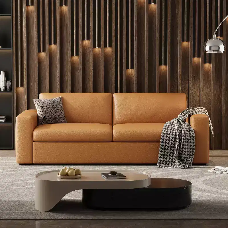 ATJafurn 82.7 Inch Orange Leather Sectional Sofa Couch, Mid-Century Modern Upholstered Loveseat Sofa with Square Arm for Living Room and Small Space