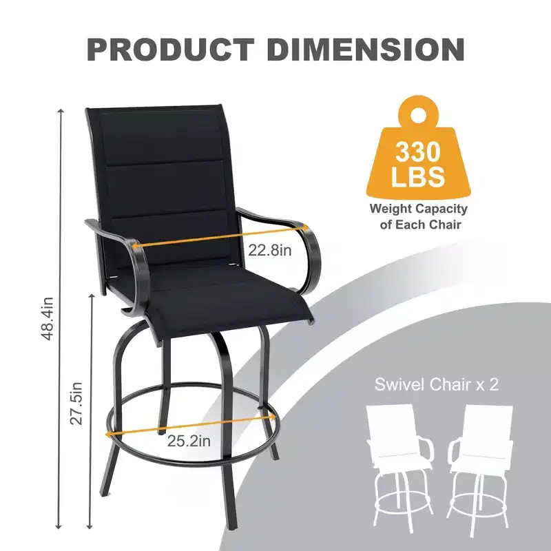 Set of 2 Outdoor Swivel Bar Chairs,High Back Patio Swivel Bar Stools with Armrests, Rotating Counter Height Bar Chairs for Deck,Lawn,Garden,Backyard